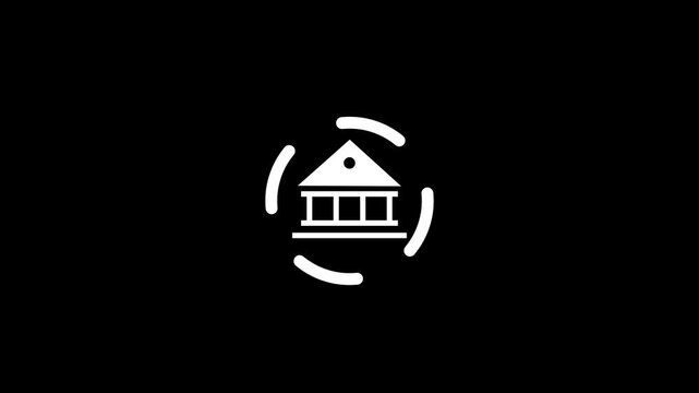 Minimalist white bank building icon with rotating loading circle animation for financial ui