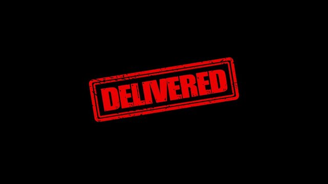 Red delivered rubber stamp animation on black background, shipping and logistics concept