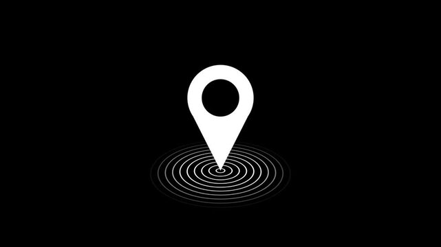 Minimalist white map pin icon with pulsing radar circles animation on black background, location satellite navigation