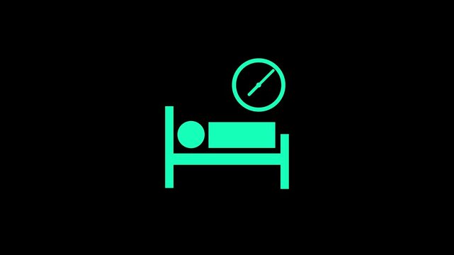 A minimalist animation of a person resting in bed with a ticking clock icon, symbolizing sleep cycles, insomnia, or medical recovery time