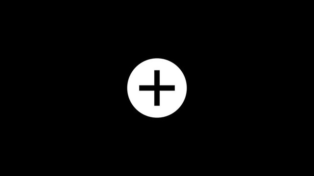 A white plus sign icon pulsing on a solid black background, for user interface