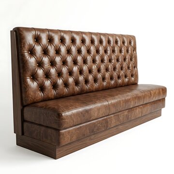 Classic Tufted Brown Leather Restaurant Booth Bench Seat Isolated on White Background