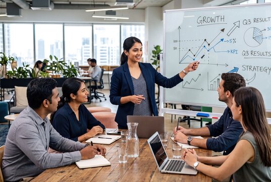Young Indian Businesswoman Presenting Business Growth Strategy to Diversity Team in Modern Office Meeting Room