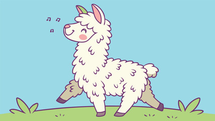 Happy white alpaca vector illustration singing on green grass field under blue sky backdrop. © Arisha