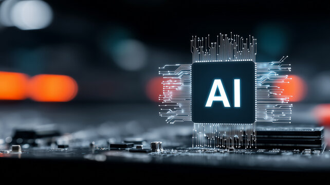 AI processor chip connected to electronic circuits represents artificial intelligence hardware and the concept of machine learning computing and advanced semiconductor technology.
