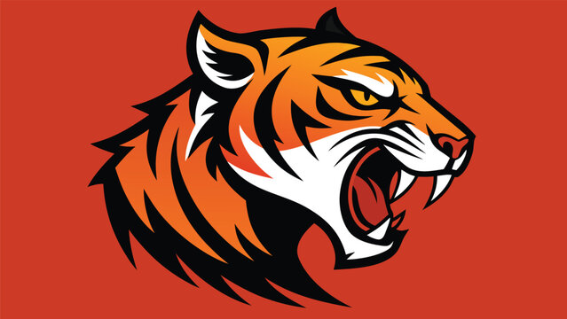 Roaring tiger head mascot vector illustration with sharp teeth and fierce eyes on red background.