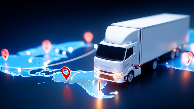 Delivery truck traveling across a digital map with location pins represents logistics tracking and the concept of route planning supply chain management and transportation.
