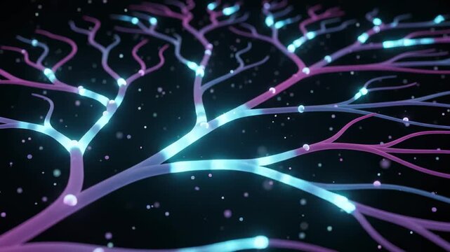 Stunning 3D animated neural network with glowing synapses and futuristic lighting ideal for tech presentations, medical visualizations, and creative digital marketing projects.