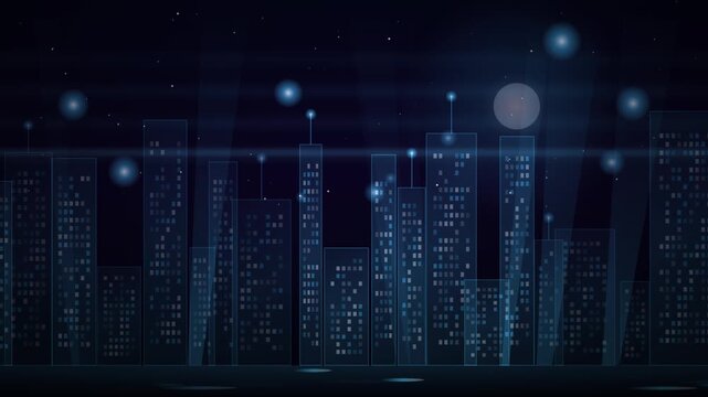 Digital city skyline at night featuring glowing orbs and a bright moon as a seamless tech background loop
