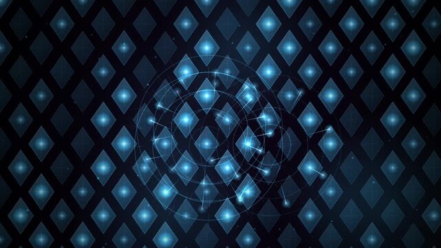 Looping background with glowing blue diamond grid pattern and central network overlay featuring techinspired digital design elements