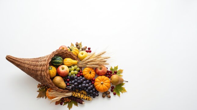 Autumn cornucopia filled with pumpkins, fruits, and harvest symbols isolated on white background, thanksgiving concept, copy space