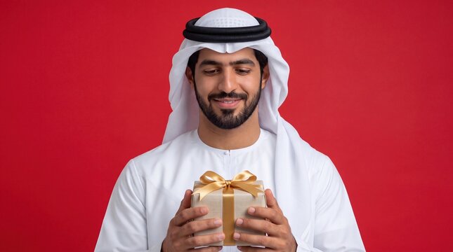 Young Middle Eastern man holding luxury gift with gold ribbon