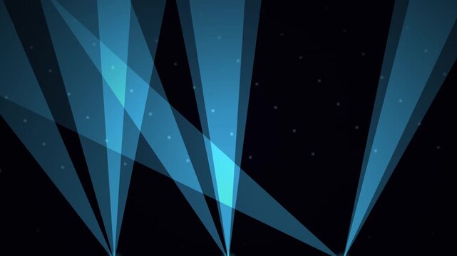 Blue geometric light beams project upward from the bottom against a dark starry background with overlapping translucent polygons.