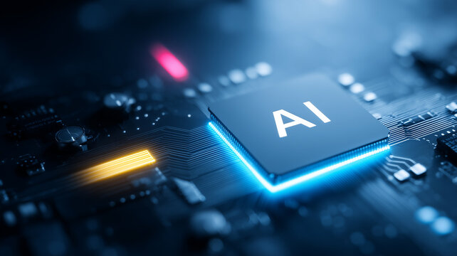 AI processor chip embedded in a circuit board representing artificial intelligence hardware and the concept of machine learning computing and advanced semiconductor technology
