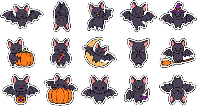 Cute black bat stickers set for halloween decoration