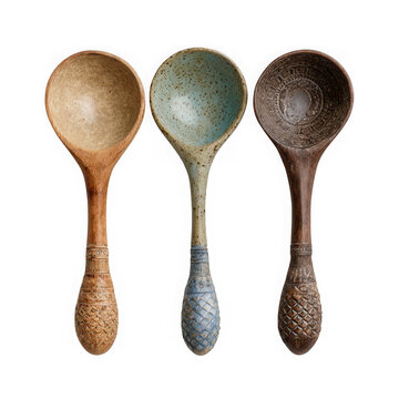 Three wooden and metal serving spoons on display
