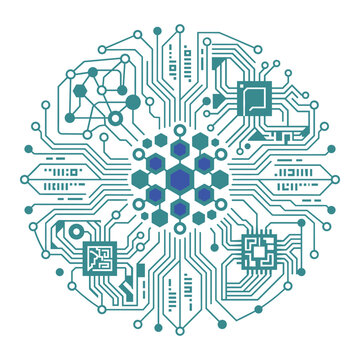 Digital neural network vector illustration with blue circular circuit board nodes.