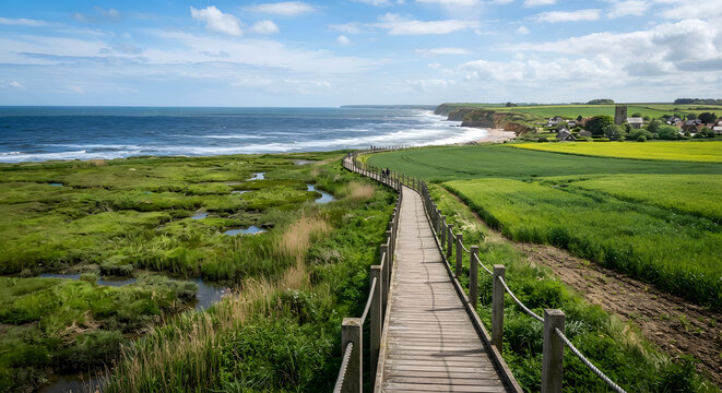 Wooden boardwalk winding along a scenic green coastal landscape near the sea