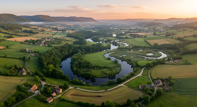 Aerial view of a winding river valley through green farmland at sunrise