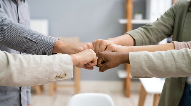Diverse business team joining hands in a fist bump for unity and corporate collaboration