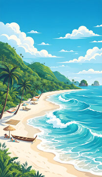 Tropical paradise beach with ocean waves and palm trees