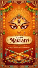 Obraz premium Happy Navratri festive greeting card with Goddess Durga eyes and traditional dandiya sticks