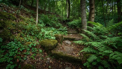 Fototapeta premium Pathway Through a Wooded Area With Ferns and Greenery on a Sunny Day