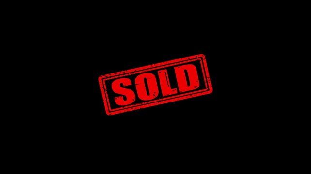 Red sold stamp animation on black background, grunge style rubber stamp effect for real estate and e-commerce business marketing