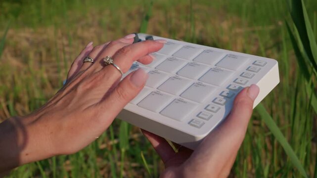 Hands of a young woman tapping buttons on a portable MIDI pad controller outdoors in a field. Concept of portable beatmaking, music production, outdoor creativity, and modern audio gear.