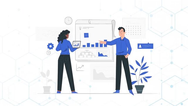 Professional business team discussing marketing strategies with digital analytical charts during a creative office meeting in this high quality flat vector style motion graphic animation clip