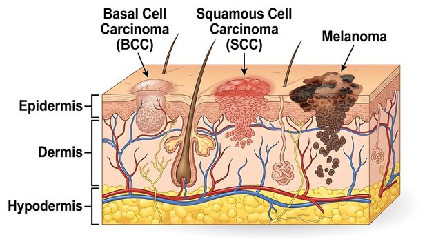 Medical illustration of skin layers showing basal cell carcinoma squamous cell carcinoma