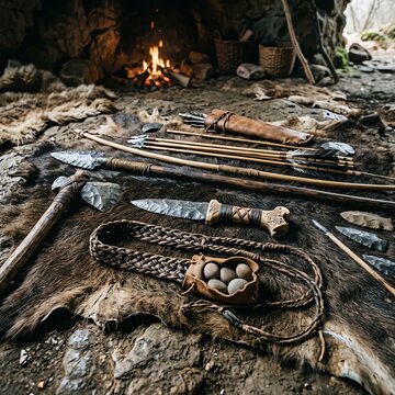 Stone age hunter tools including flint spear, axe, bow, and arrows laid on fur inside a dark rocky prehistoric cave near fire