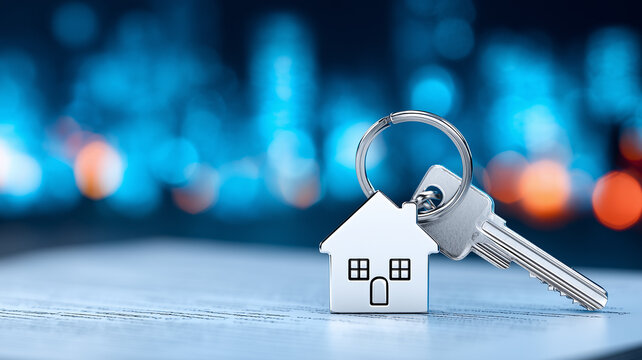 A house shaped keychain beside a key represents home ownership and the process of buying residential property.
