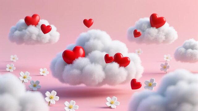 Romantic Valentines Day Background with Floating Cloud Hearts