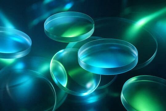 Abstract glass petri dishes in laboratory, glowing green and blue biotechnology background, scientific research concept