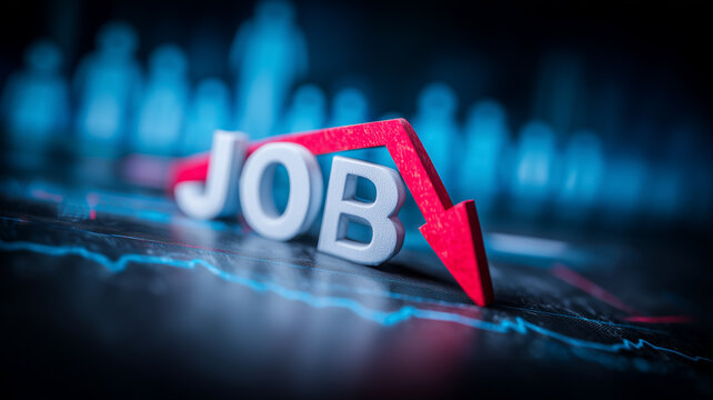 The word JOB beneath a downward arrow represents declining employment and growing unemployment pressure in the labor market.

