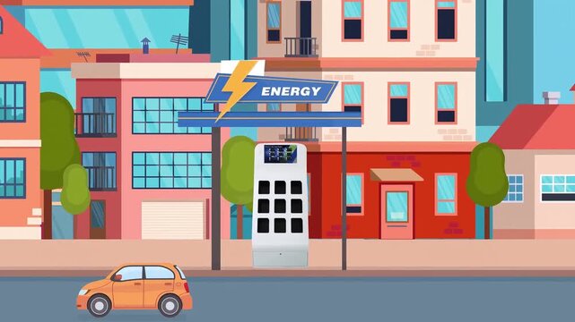 Electric car charging station animation featuring bright yellow energy symbols and passing vehicles in a colorful urban landscape setting for modern sustainable green transport video footage