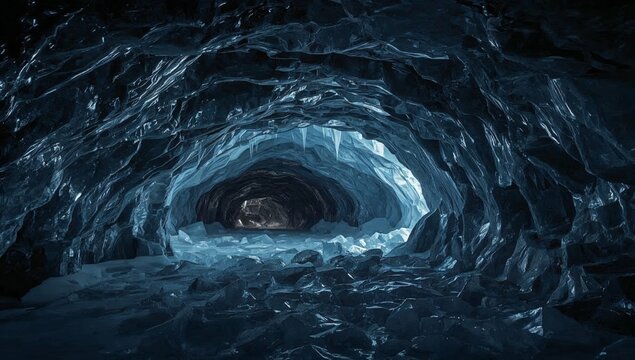 Ice Cave With Blue and Dark Formations Viewed From the Entrance