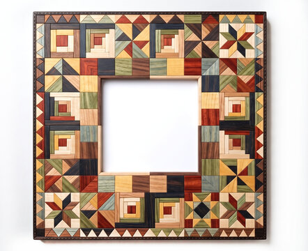 handcrafted wooden inlay picture frame with geometric, quilt-inspired mosaic pattern made from various colorful wood grains