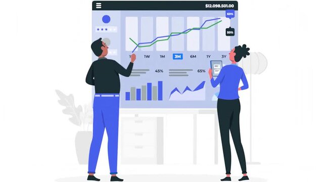 Professional business team analyzing financial growth metrics on a digital wall display during an interactive office meeting presentation motion animation video for modern corporate data strategy