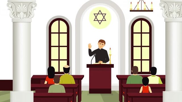 Religious leader speaking from wooden podium to diverse congregation inside a synagogue during an animated video clip showing cultural worship and spiritual guidance for community members