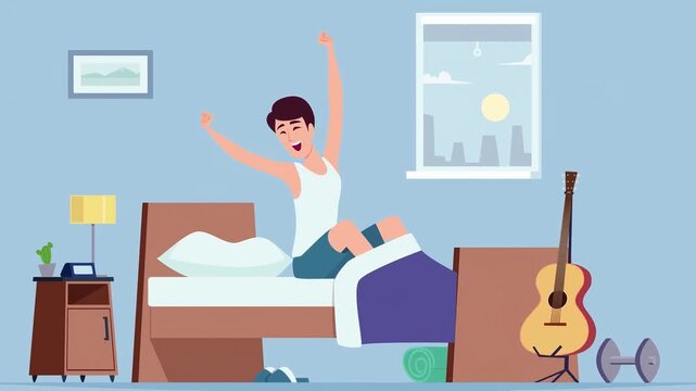Happy man stretching in his bedroom after waking up during this morning sunrise animation sequence designed for lifestyle media content and relaxing home interior motion footage