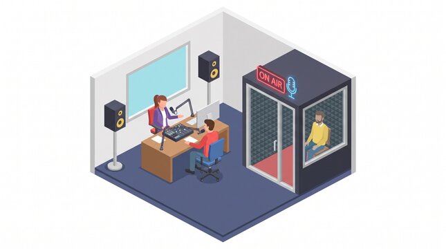 Isometric Illustration of Professional Radio Broadcasting Studio with Podcasting Equipment and Recording Booth
