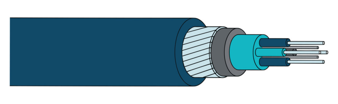 Fiber optic cable cross section vector illustration with blue layered construction.
