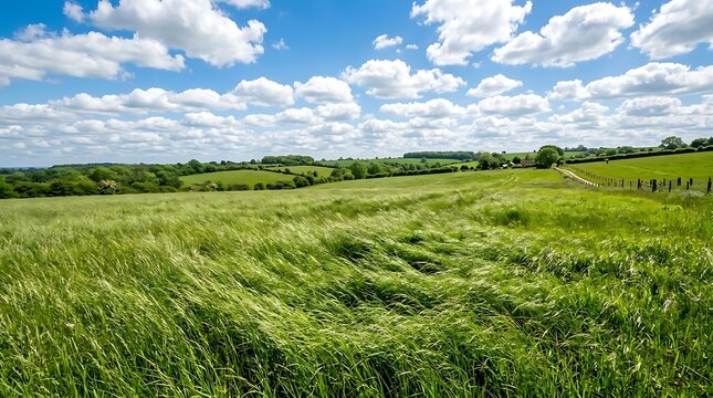Serene countryside landscape with lush green fields and rolling hills on a sunny day