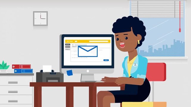 Animated business communication motion footage showing a man sending digital email messages from a tablet in park to a professional woman working at office computer