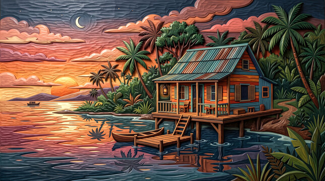 Caribbean carved wooden relief picture of vibrant stilt house over water at night, with boat
