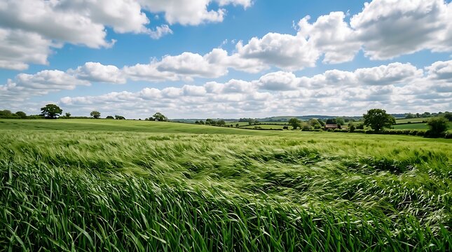 Serene countryside landscape with lush green fields and rolling hills on a sunny day