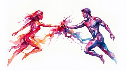 Fototapeta premium AI Generated International Friendship Day Concept with Watercolor Draw Painting of Man and Woman Reaching and Connecting