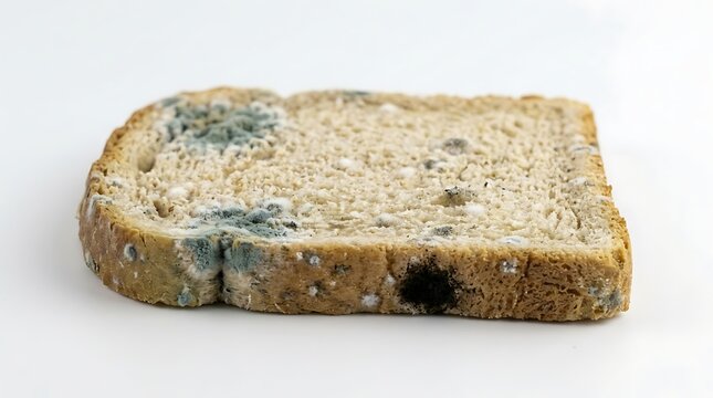 Moldy bread slice on white background for food safety concepts